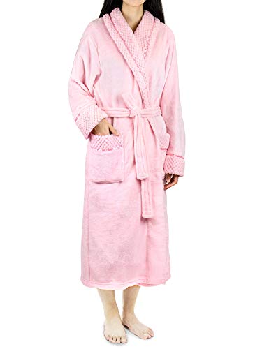 PAVILIA Soft Plush Women Fleece Robe, Pink Cozy Bathrobe, Female Long Spa Robe, Warm Housecoat, Satin Waffle Trim, S/M