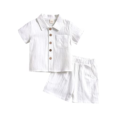 SHIBAOZI Toddler Baby Boys Clothes Set Button-down Shirt Tops + Cotton Linen Shorts Summer Outfit 2PCS with Pockets (White, 3-4T)