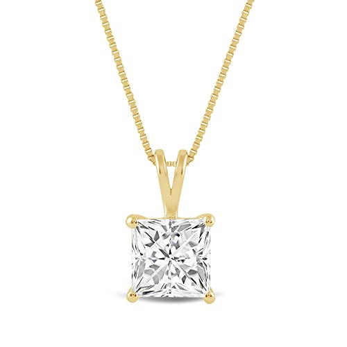 Everyday Elegance 14K Solid Yellow Gold Pendant Necklace | Princess Cut Cubic Zirconia Solitaire | 2 Carat | 18 Inch .60mm Box Link Chain | With Gift Box