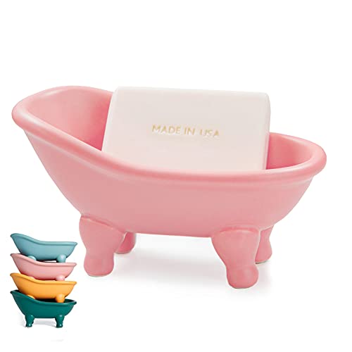 1 Piece 5.6' Colorful Ceramic Mini Clawfoot Bathtub Soap Dish Decortative Soap Dish Small Planter Makeup Organizer Container Hamster Bathtub（Pink）
