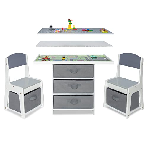 Milliard Kids 3-in-1 Play Table and Chair Set Wood with Storage Baskets, Compatible with Lego and Duplo Bricks, Activity Table Playset Furniture with Modern Gray Colors