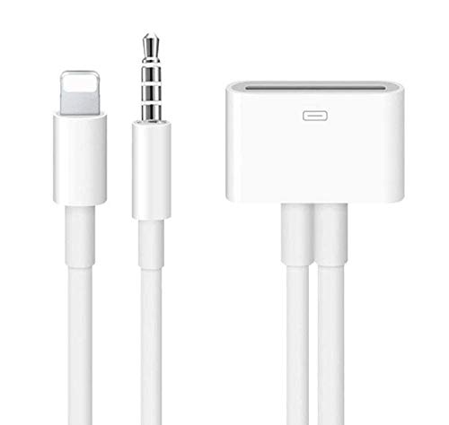 [Apple MFi Certified] Lightning to 30 Pin Adapter for iPhone with 3.5mm AUX Audio Port Support Charging Data Transfer Docking Station Compatible with iPhone 6 6 Plus 5s 5c 5 SE 4s 4 iPad iPod-White