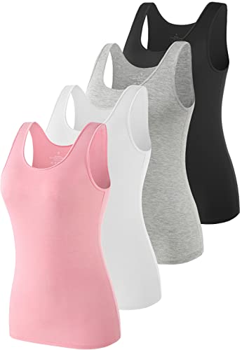 AMVELOP Elastic Tank Tops for Women Undershirts Pack of 4 Slim-Fit Camisole Black/Gray/White/Pink M