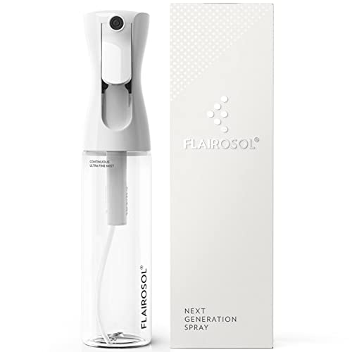 FLAIROSOL - The Original, Spray Bottle for Hair, Plants & More, Continuous Mister, Ultra Fine Water Mist, Trusted by Professional Salons & Barbers, 10.1oz, Clear Bottle, Black Print