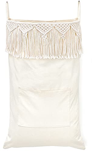 Mkono Macrame Hanging Laundry Hamper with Over The Door Hooks Saving Space Laundry Bag with Zipper and Wide Open Top Boho Decor Hanging Dorm Dirty Clothes Hamper, for Bathroom Home Travel