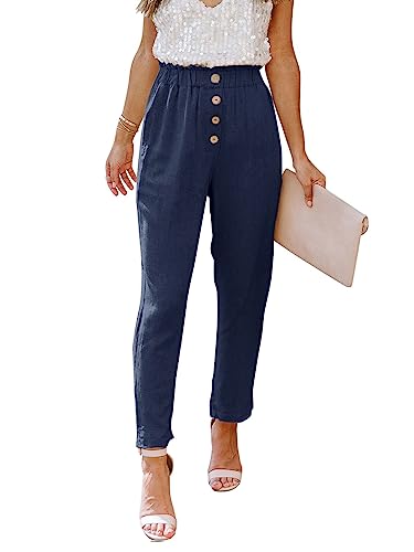 NIMIN Work Pants for Women High Waist Pants with Pockets Stretchy Solid Chic Pants Loose Summer Beach Pants with Button Navy Blue Large
