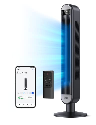 Dreo Smart Tower Fans for Home, 90° Oscillating Fan Bedroom Indoors, Voice Control Floor with 12H Timer, 42 Inch Quiet Bladeless Standing LED Display, 6 Speeds, Work Alexa/Google