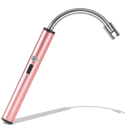 NESAPTO Candle Lighter, Electric Lighter Rechargeable Long Lighter with Flexible Neck LED Battery Display, Pink USB Flameless Lighters for Candle Camping Grill Fireworks