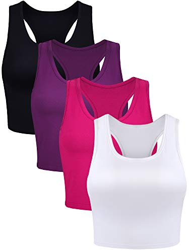 Boao 4 Pieces Basic Crop Tank Tops Sleeveless Racerback Crop Top for Women(Black, White, Rose Red, Purple,Medium)