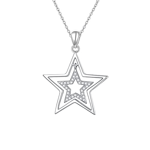 Alphm S925 Sterling Silver Double Stars Necklace Pentagram Pendant Jewelry for Women Gift
