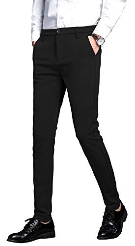 Plaid&Plain Men's Stretch Dress Pants Slim Fit Skinny Suit Pants 7101 Black 31W30L