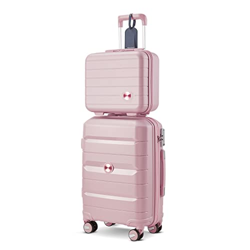 Somago 20' Carry On Luggage and 14' Mini Cosmetic Cases Travel Set Lightweight Polypropylene Suitcase with TSA Lock YKK Zipper Hardside Luggage with Spinner Wheels (2 Piece Set, Nude Pink)