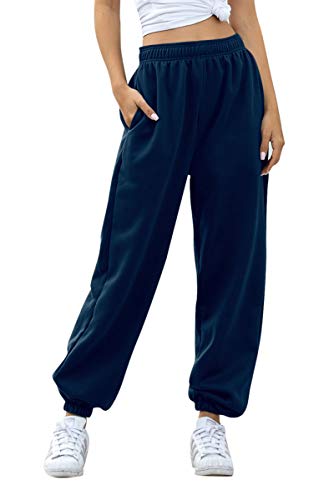 Women's Cinch Bottom Sweatpants Pockets High Waist Sporty Gym Athletic Fit Jogger Pants Lounge Trousers (Navy Blue, Medium)