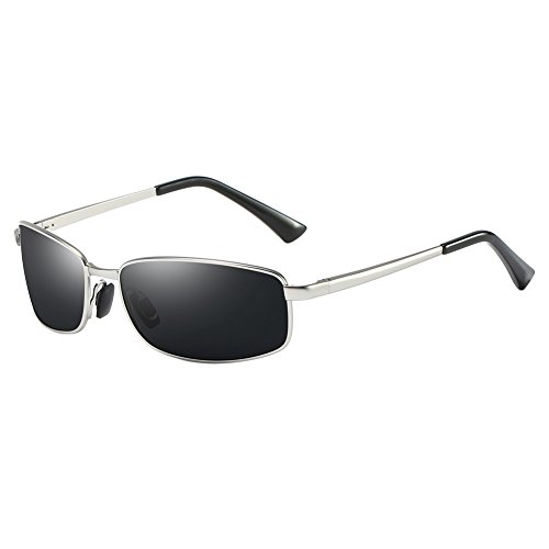 ZHILE Wrap Polarized Sunglasses Rectangular Metal Frame Classic Style Large Size (Silver, Grey)