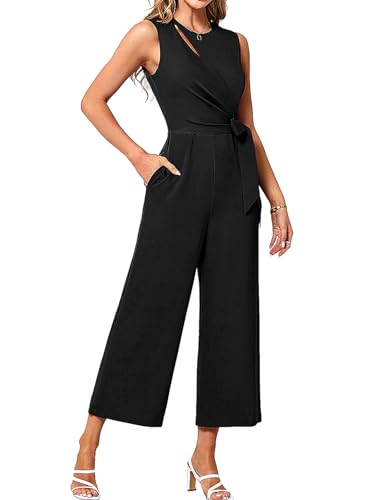JASAMBAC Women's Summer Jumpsuit Pleated High Waist Casual Wide Leg Romper Casual Dressy Linen Palazzo Pants with Pockets