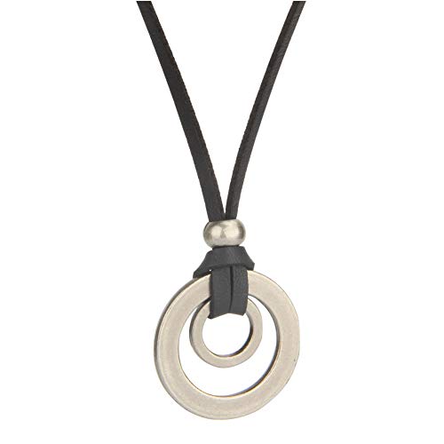 JczR.Y Retro Woven Leather Necklace Pendant Punk Double Circle Rings Leather Rope Necklace Adjustable Jewelry Gift for Men(black)