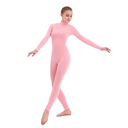SUPRNOWA Full Body Unitard Turtleneck Spandex Footless Long Sleeve Bodysuit Unisex (Small, Pink)