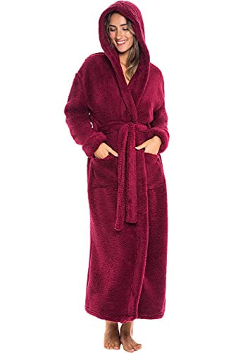 Alexander Del Rossa Women’s Robe, Plush Fleece Hooded Bathrobe with Pockets, Burgundy, Small-Medium (A0304BRGMD)