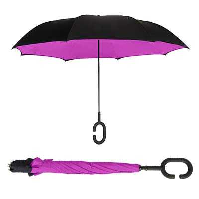 ShedRain Unbelievabrella Inverted, Upside Down, Windproof & Rainproof Car Umbrella - Hands Free C-Shape Handle - Heavy Duty, Double Layer Reverse Canopy Protects Men & Women Outdoors from Wind & Rain (Black / Hot Pink)