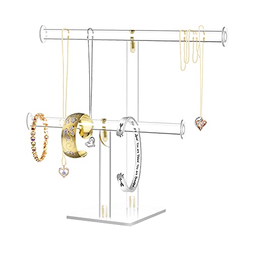 TOOPILAT Acrylic Jewelry Display,Clear Acrylic Round Bracelet Display Holder Organizer Jewelry Holde Organizer Tree Stand, 2 Tier Jewelry Display Necklace Holder Stand (2-Bar)