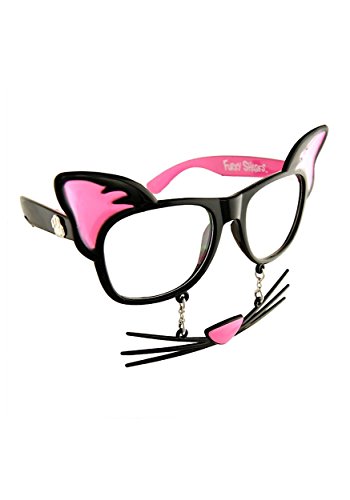 Sun-Staches Kitty Cat Sunglasses with Whiskers Costume Accessory, UV400 Lenses, Black Frame Mask with Pink Accents, One Size Fits Most