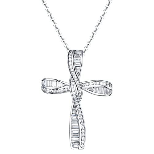 FANCIME Cross Necklace For Women Sterling Silver Cubic Zirconia Twisted Cross Infinity Open Loop Pendant Gift For Women, 18' Extender