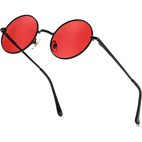 EYLRIM Red Lens Circle Glasses Small Round Polarized Sunglasses for Women Men Retro Hippie Style Circle Sun Glasses(Black/Clear Red)