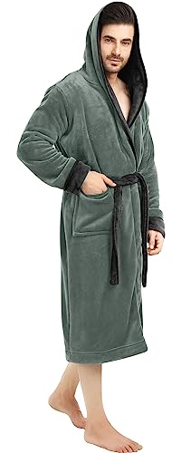 NY Threads Mens Hooded Fleece Robe - Plush Long Bathrobes, Steel Grey With Black Contrast, Small-Medium