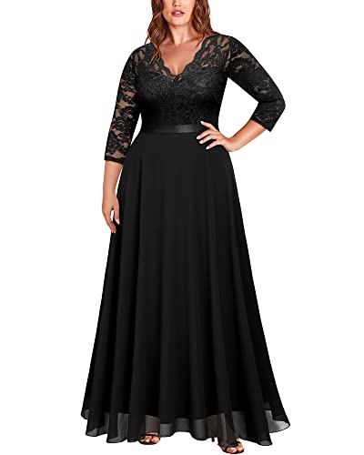 Miusol Women's Formal Floral Lace V Neck Plus Size Bridesmaid Party Maxi Dress Black
