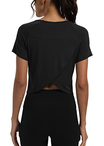 Mippo Short Sleeve Athletic Tops Workout Shirts Exercise Clothes Gym Tees Sports Running Active Wear Cute Work Out Crop Top Tshirts for Women Loose Fit Black M