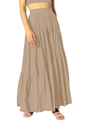 ANRABESS Women’s Boho Elastic High Waist Pleated A-Line Flowy Swing Asymmetric Tiered Maxi Long Skirt Dress with Pockets 617tuose-M Brown