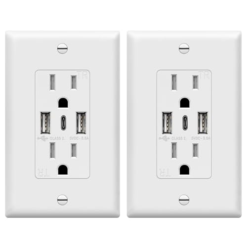 TOPGREENER USB Outlet, 3-Port Type C 3.6A 18W Wall Outlet, 15 Amp Receptacle, Charging Power Outlet with USB Ports, Compatible with iPhone 15 Series & More, UL Listed, TU21536AC3-2PCS, White, 2 Pack