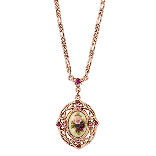 1928 Jewelry Women's Rose Gold Tone Manor House Rose Purple Crystal Flower Pendant Necklace 28'