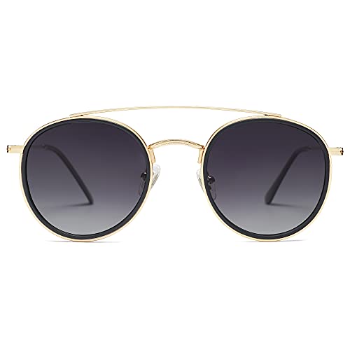 SOJOS Retro Round Double Bridge Polarized Sunglasses for Women Men Twin Beams Circular UV400 Sunnies SJ1104, Gold/Grey