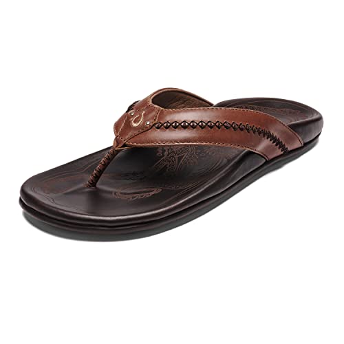 OLUKAI Mea Ola Men's Beach Sandals, Premium Leather Flip-Flop Slides, Compression Molded Footbed & Comfort Fit, Laser-Etched Design, Tan/Dk Java, 12