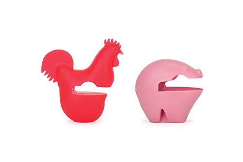 Fox Run Silicone Pot Clip Spoon Rest, Rooster and Pig, Set of 2, 2.75', Red and Pink