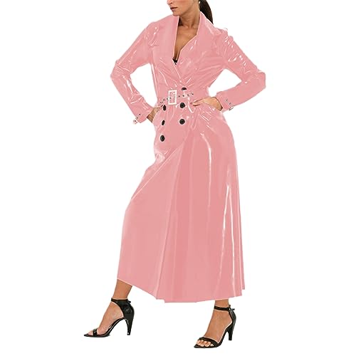 Unisex Shiny PVC Lapel Collar Long Trench Glossy Leather Long Sleeve Coat Jacket Lotus 7XL