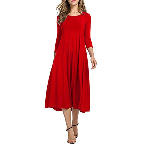 Joyful Young Women's 3/4 Sleeve A-line Casual Flare Midi Long Dress Red Large