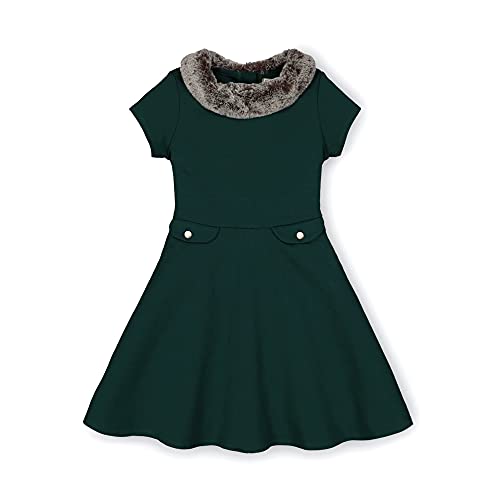 Hope & Henry Girls' Short Sleeve Ponte Skater Dress with Faux Fur Collar