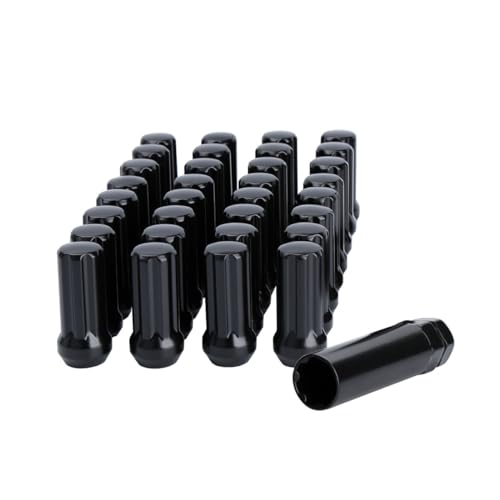 DYNOFIT 14mmx1.5 Wheel Lug Nuts, 32x Black M14x1.5 Lug Nut,Conical/Cone Bulge Seat, Closed End Long Extended XL Spline with 1 Socket Key Fits 8 Lug Aftermarket Wheels