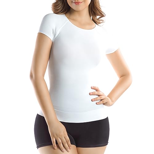 +MD Women's Seamless T-Shirt Scoop Neck Short Sleeve Comfort Light Control Shapewear Undershirt Pyjamas White L