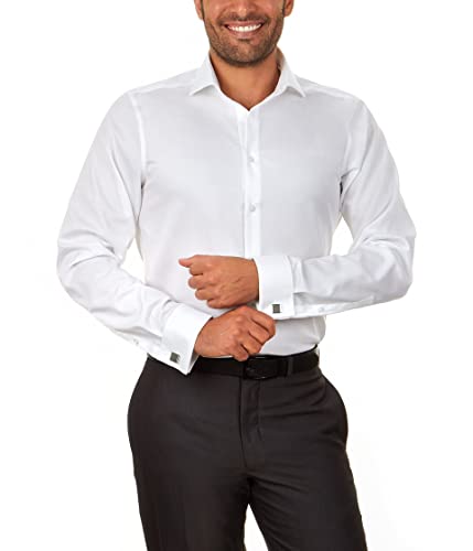 Calvin Klein Men's Dress Shirt Slim Fit Non Iron Herringbone French Cuff, White, 16.5' Neck 34'-35' Sleeve