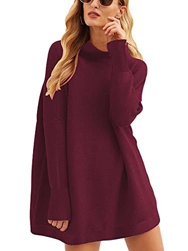 ANRABESS Sweater for Women 2023 Fall Casual Loose Oversized Turtleneck Sweaters Dress Long Sleeve Baggy Slouchy Chunky Knit Cozy Warm Winter Pullover Tunic A277jiuhong-XL Wine Red
