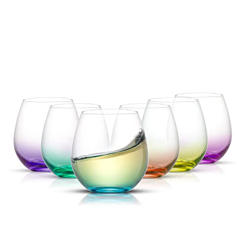 JoyJolt HUE Stemless Wine Glass Set. Large, 15 oz, Stemless, Set of 6. Short Wine Tumblers for White Wine, Red Wine, Water, No Stem Margarita Glasses, Colored