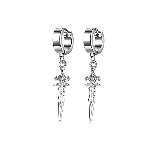 Unisex Gothic Punk Silver Stainless Steel Dagger Cross Sword Dangle Earrings Piercing Jewelry Huggie Hoop Earring Gift for Men Women Teens (Silver-Cross Sword)