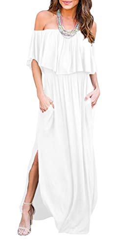 LILBETTER Womens Off The Shoulder Ruffle Party Dresses Side Split Beach Maxi Dresses(White,X-Large)