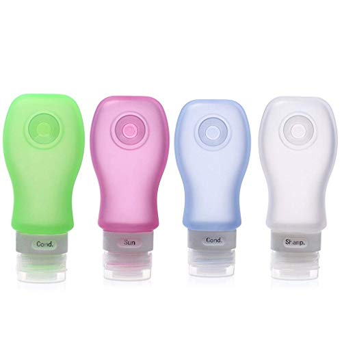 FNSHIP 4 Pack Sucker type Portable Food Grade Squeeze Silicone Liquid Travel Bottles TSA Approved For Shampoo, Conditioner, Lotion, Toiletries, Food condiment(1OZ,White+Blue+Green+Pink)