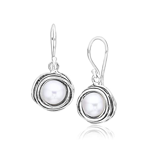 925 Sterling Silver Dangle Drop Earrings w/Fresh Water Pearl, Wire Wrapped Bezel, Antique finish French Wire Back Earrings, Hypoallergenic, Nickel & Lead-free, Gift for Her, Artisan Handcrafted Designer