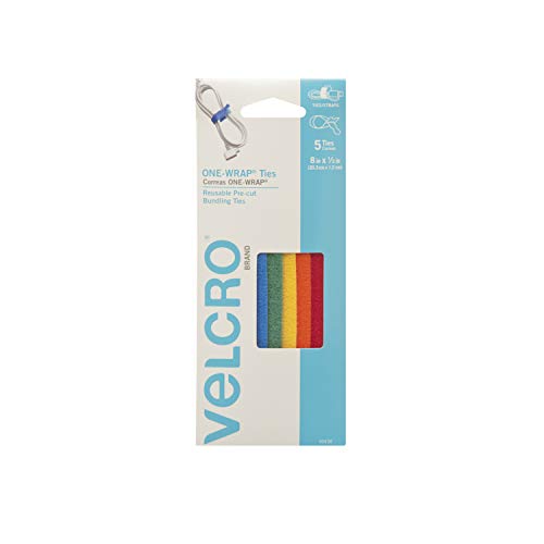 VELCRO Brand ONE-WRAP Ties | Cable Management, Wires & Cords | Self Gripping Cable Ties, Reusable | 5 Ct - 8' x 1/2' | Multi-color