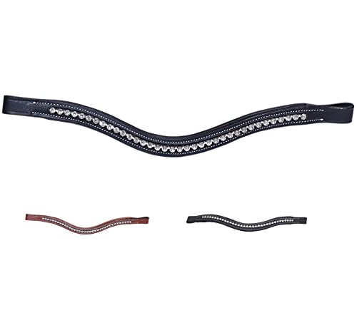 Majestic Ally Curved Crystal Padded Premium Leather English Browband for Horse Bridle (Black)